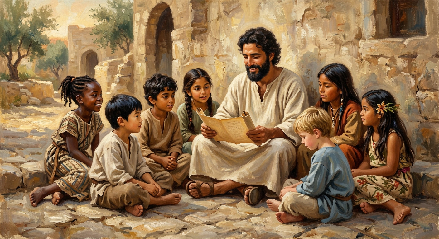 The Man on Day 3, with all the children, enjoying the little scroll.